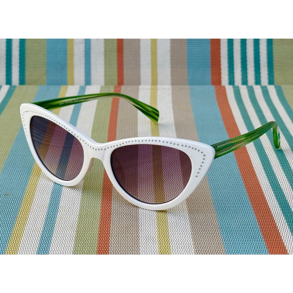 Jimmy Crystal New York White Cat Eye Sunglasses Swarovski Crystal Green Temples - Picture 2 of 5